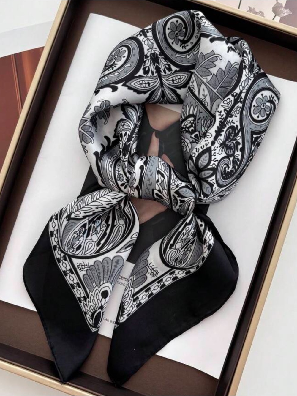Black & White Paisley Silk-Feel Scarf 27.5”